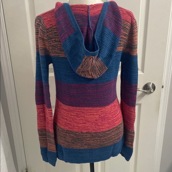 ROXY Yuma blue pink multicolor knit kangaroo pocket pullover hoodie Sz M - Picture 4 of 11
